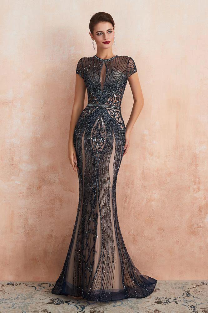 Charming Cap Sleeve Beading Mermaid Prom Dress Crew Neck Evening Party Gown by misshow.com