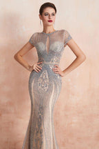 Charming Cap Sleeve Beading Mermaid Prom Dress Crew Neck Evening Party Gown by misshow.com