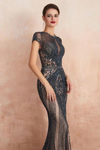Charming Cap Sleeve Beading Mermaid Prom Dress Crew Neck Evening Party Gown by misshow.com
