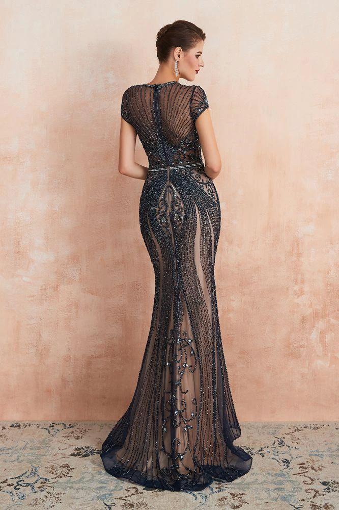Charming Cap Sleeve Beading Mermaid Prom Dress Crew Neck Evening Party Gown by misshow.com