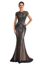 Charming Cap Sleeve Beading Mermaid Prom Dress Crew Neck Evening Party Gown by misshow.com
