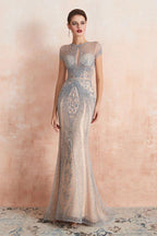 Charming Cap Sleeve Beading Mermaid Prom Dress Crew Neck Evening Party Gown by misshow.com