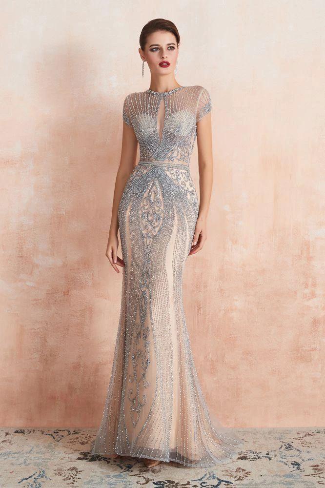 Charming Cap Sleeve Beading Mermaid Prom Dress Crew Neck Evening Party Gown by misshow.com