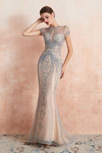 Charming Cap Sleeve Beading Mermaid Prom Dress Crew Neck Evening Party Gown by misshow.com