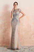 Charming Cap Sleeve Beading Mermaid Prom Dress Crew Neck Evening Party Gown by misshow.com