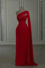 Charming Column Chiffon One Shoulder Long Sleeve Red Prom Dresses With Rhinestone by misshow.com