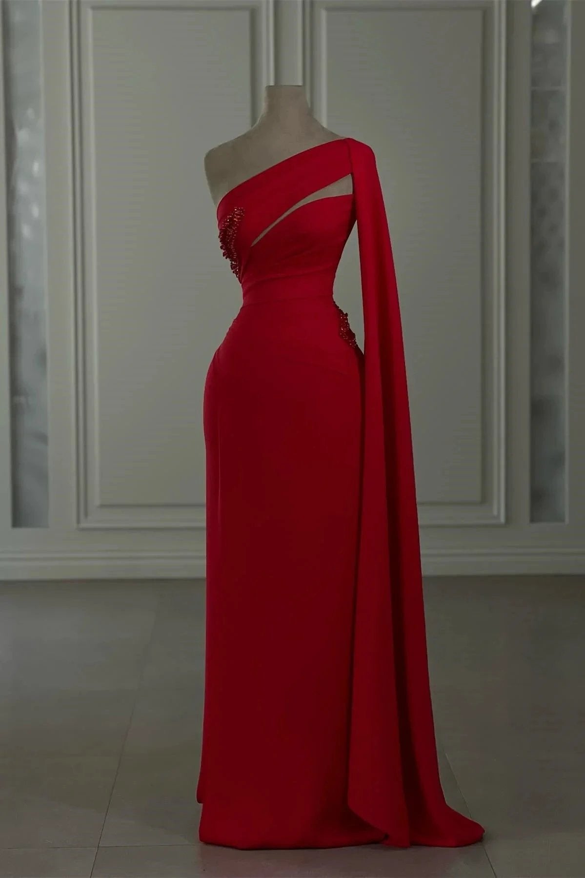 Charming Column Chiffon One Shoulder Long Sleeve Red Prom Dresses With Rhinestone by misshow.com