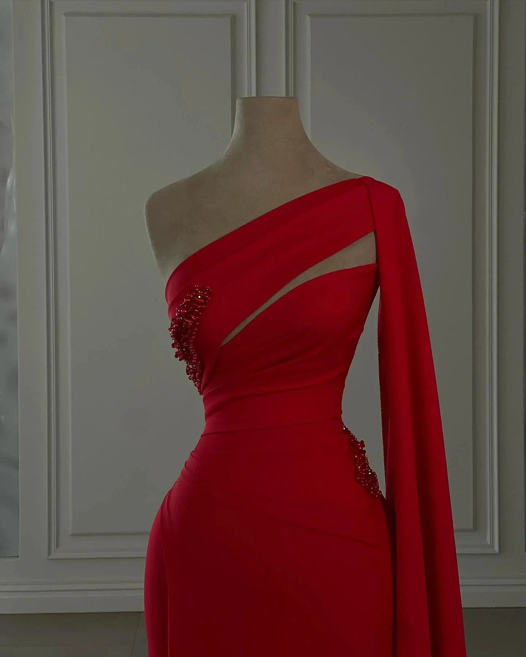 Charming Column Chiffon One Shoulder Long Sleeve Red Prom Dresses With Rhinestone by misshow.com