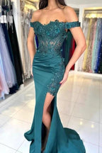 Charming Column Lace Off-The-Shoulder Sleeveless Prom Dress With Appliques Ruffles Split by misshow.com