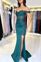 Charming Column Lace Off-The-Shoulder Sleeveless Prom Dress With Appliques Ruffles Split by misshow.com