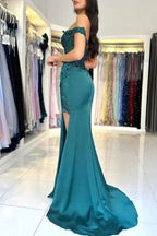 Charming Column Lace Off-The-Shoulder Sleeveless Prom Dress With Appliques Ruffles Split by misshow.com