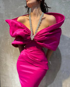 Charming Column Satin Halter Half Sleeve Pink Prom Dresses With Bow-Knot by misshow.com