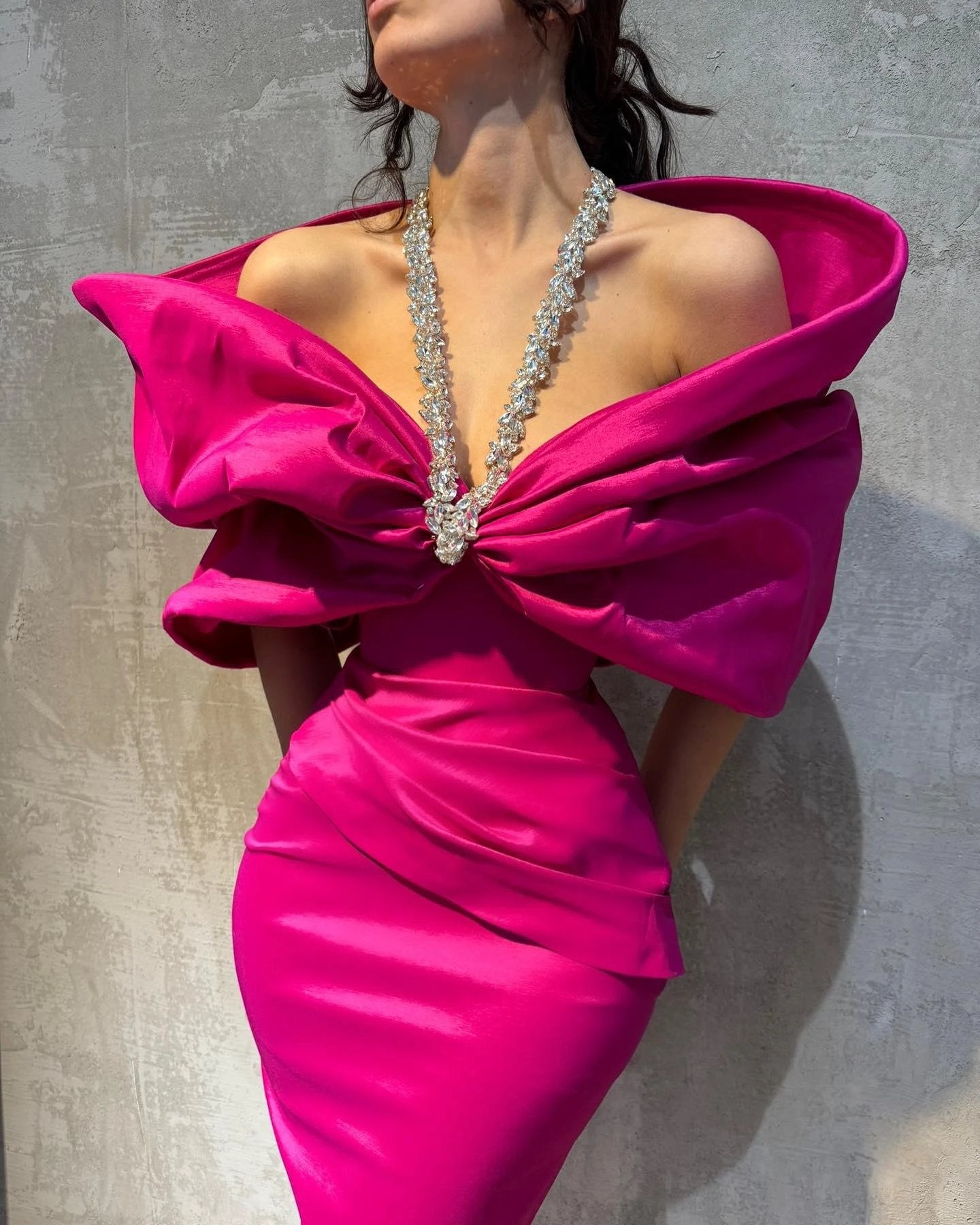 Charming Column Satin Halter Half Sleeve Pink Prom Dresses With Bow-Knot by misshow.com