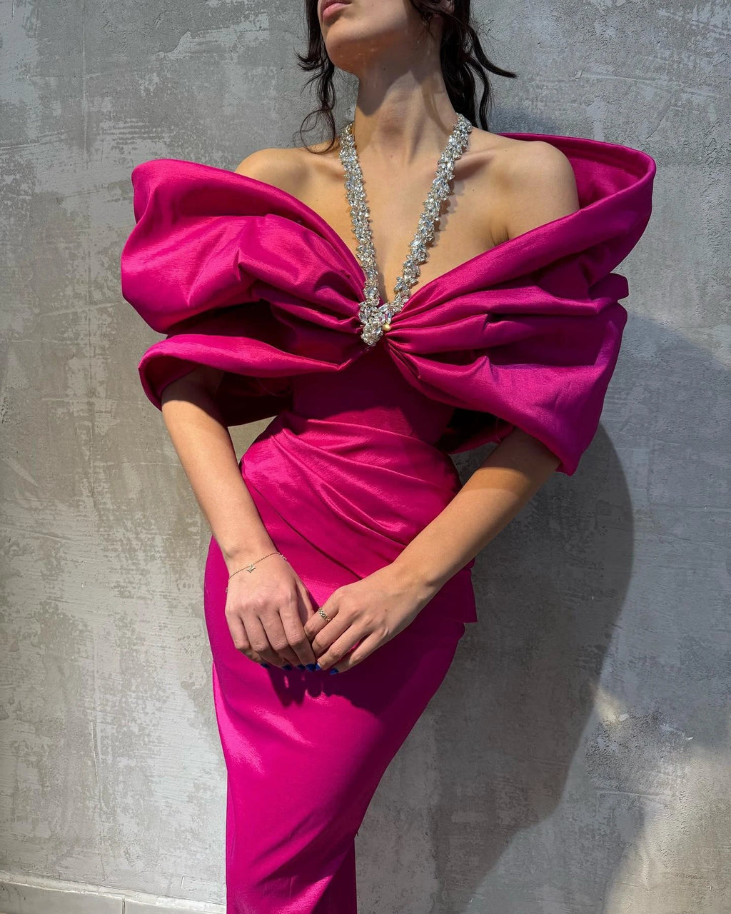 Charming Column Satin Halter Half Sleeve Pink Prom Dresses With Bow-Knot by misshow.com