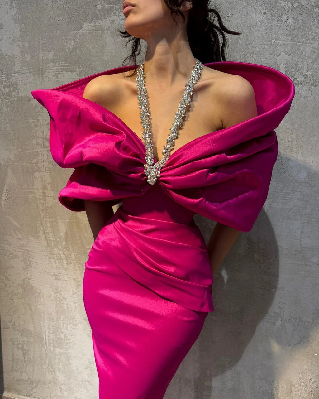 Charming Column Satin Halter Half Sleeve Pink Prom Dresses With Bow-Knot by misshow.com