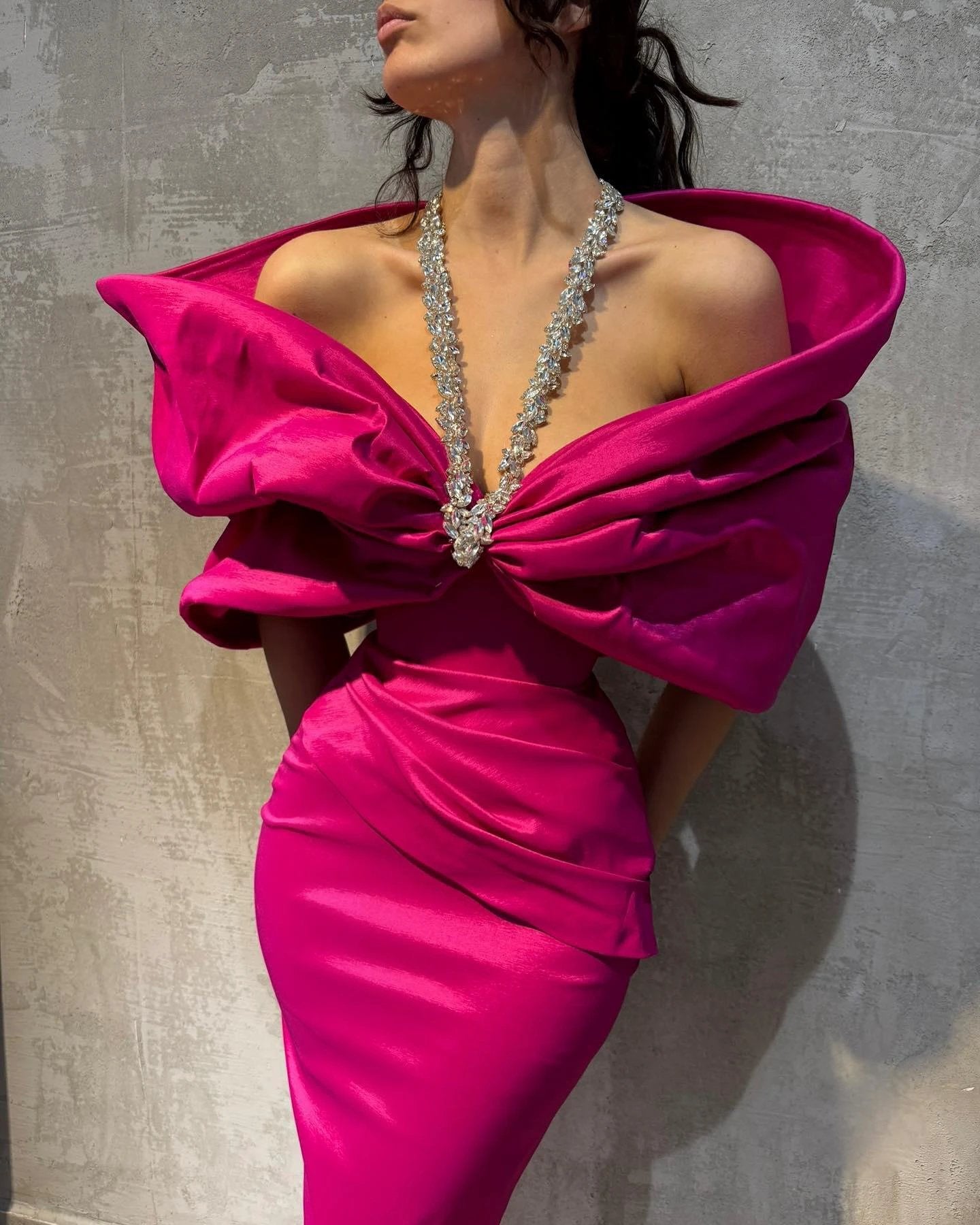Charming Column Satin Halter Half Sleeve Pink Prom Dresses With Bow-Knot by misshow.com