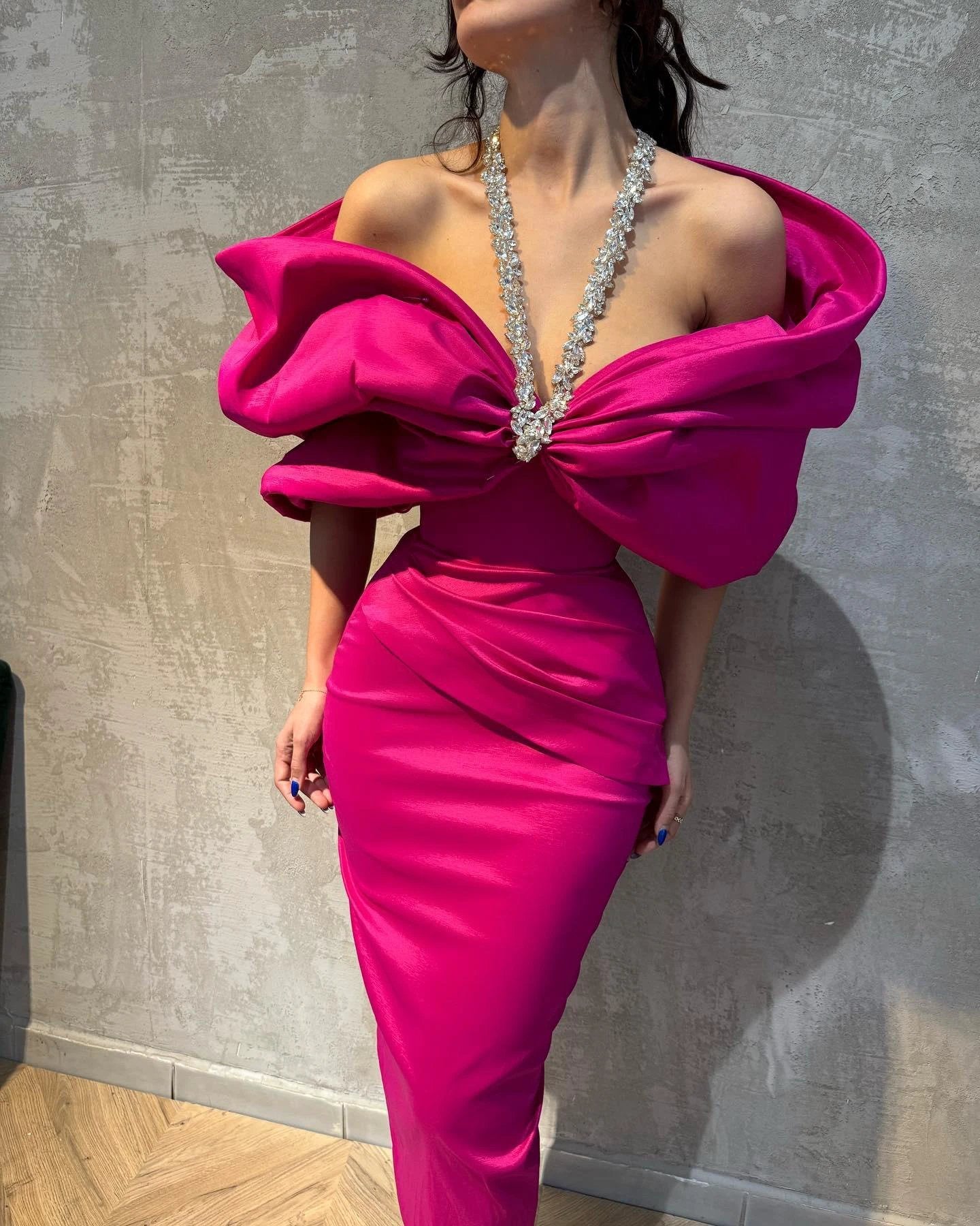 Charming Column Satin Halter Half Sleeve Pink Prom Dresses With Bow-Knot by misshow.com