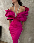 Charming Column Satin Halter Half Sleeve Pink Prom Dresses With Bow-Knot by misshow.com