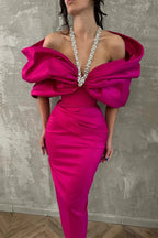 Charming Column Satin Halter Half Sleeve Pink Prom Dresses With Bow-Knot by misshow.com