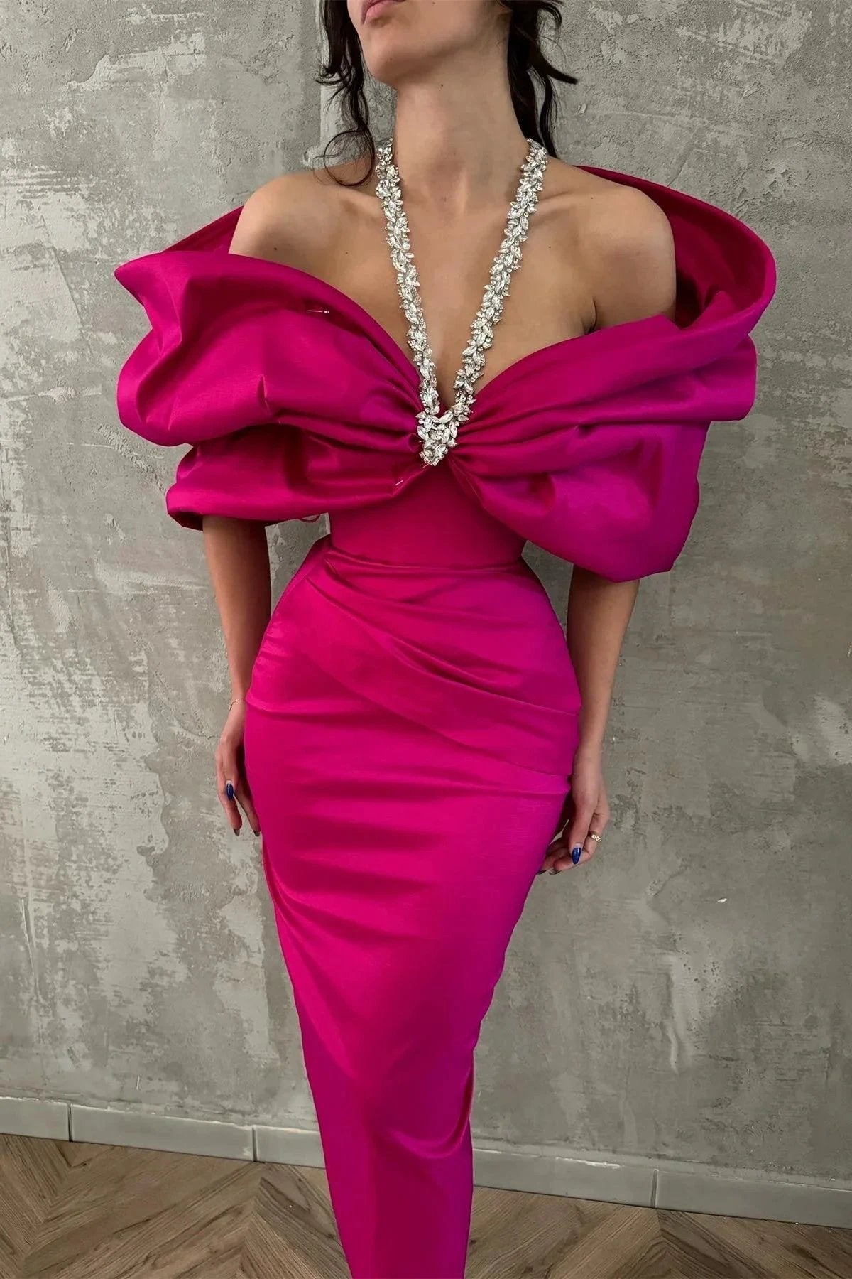 Charming Column Satin Halter Half Sleeve Pink Prom Dresses With Bow-Knot by misshow.com