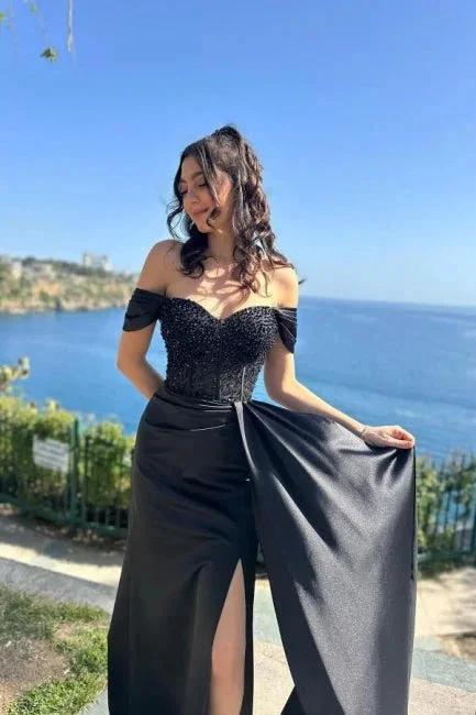 Charming Column Satin Lace Off-The-Shoulder Sleeveless Black Prom Dress With Split Front by misshow.com