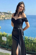 Charming Column Satin Lace Off-The-Shoulder Sleeveless Black Prom Dress With Split Front by misshow.com