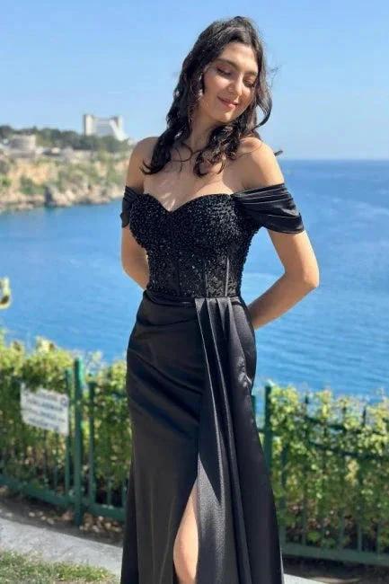 Charming Column Satin Lace Off-The-Shoulder Sleeveless Black Prom Dress With Split Front by misshow.com