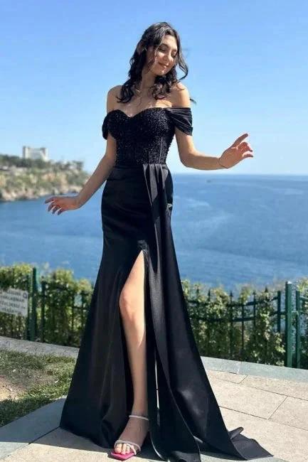 Charming Column Satin Lace Off-The-Shoulder Sleeveless Black Prom Dress With Split Front by misshow.com