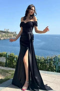 Charming Column Satin Lace Off-The-Shoulder Sleeveless Black Prom Dress With Split Front by misshow.com