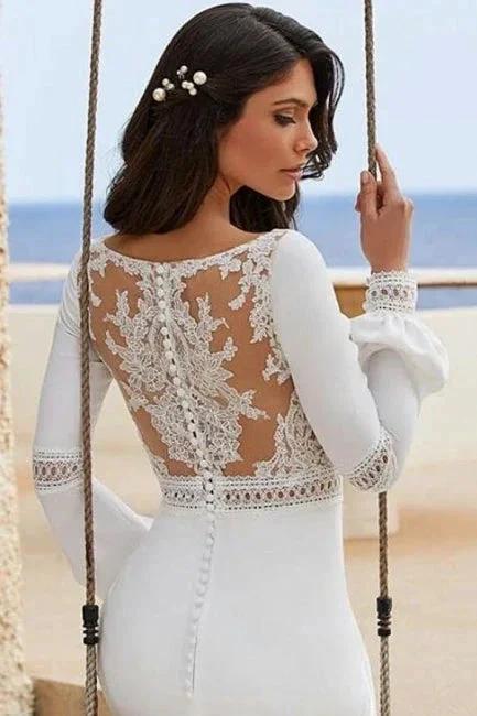 Charming Column Satin Long Sleeve White Wedding Dresses With Appliques by misshow.com