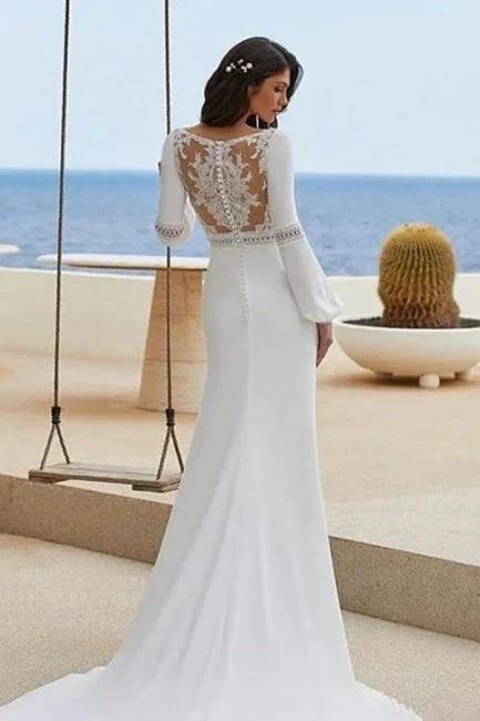 Charming Column Satin Long Sleeve White Wedding Dresses With Appliques by misshow.com