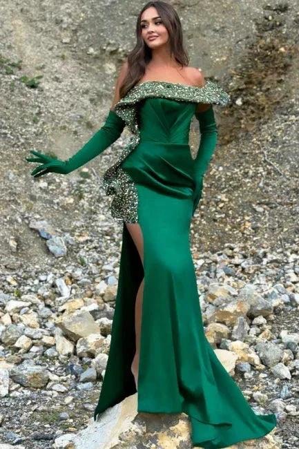 Charming Column Satin One Shoulder Sleeveless Green Prom Dress With Split Front by misshow.com