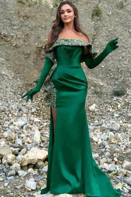 Charming Column Satin One Shoulder Sleeveless Green Prom Dress With Split Front by misshow.com