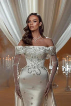 Charming Column Satin One Shoulder Sleeveless Wedding Dress With Appliques Train by misshow.com
