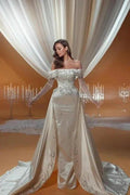 Charming Column Satin One Shoulder Sleeveless Wedding Dress With Appliques Train by misshow.com