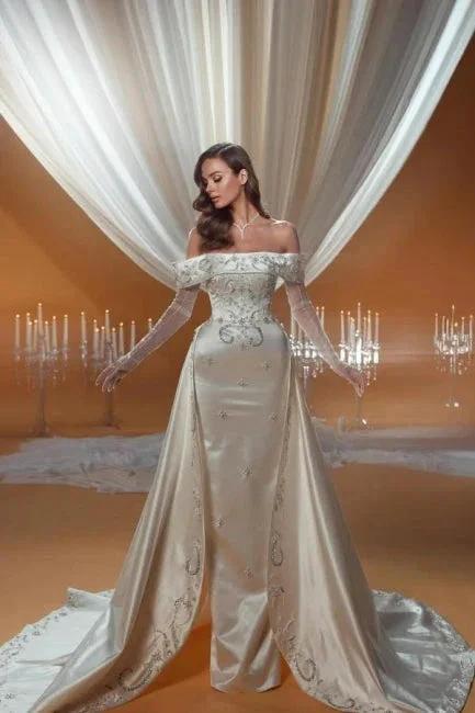 Charming Column Satin One Shoulder Sleeveless Wedding Dress With Appliques Train by misshow.com