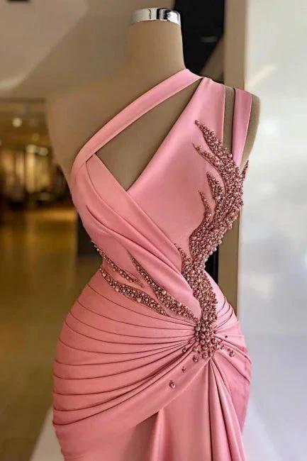 Charming Column Satin Sleeveless Pink Prom Dress With Ruffles by misshow.com