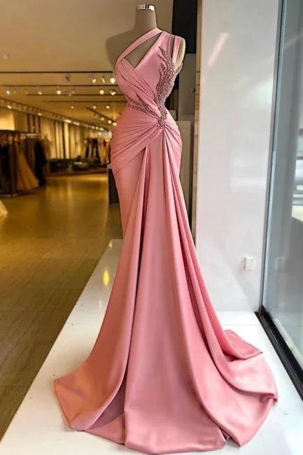 Charming Column Satin Sleeveless Pink Prom Dress With Ruffles by misshow.com