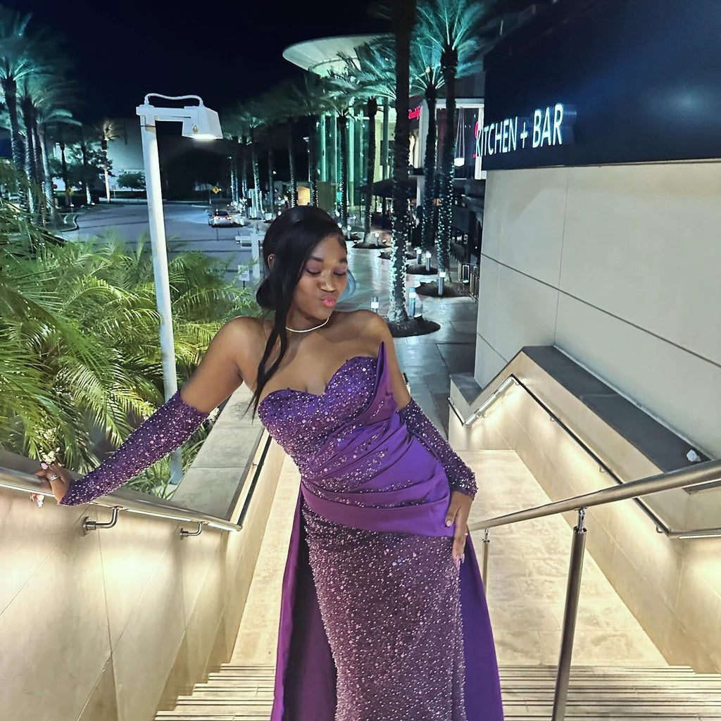 Charming Column Satin Sweetheart Sleeveless Purple Prom Dress With Sequined Train by misshow.com