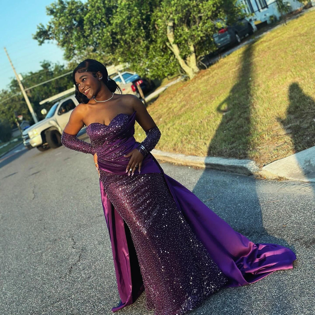 Charming Column Satin Sweetheart Sleeveless Purple Prom Dress With Sequined Train by misshow.com