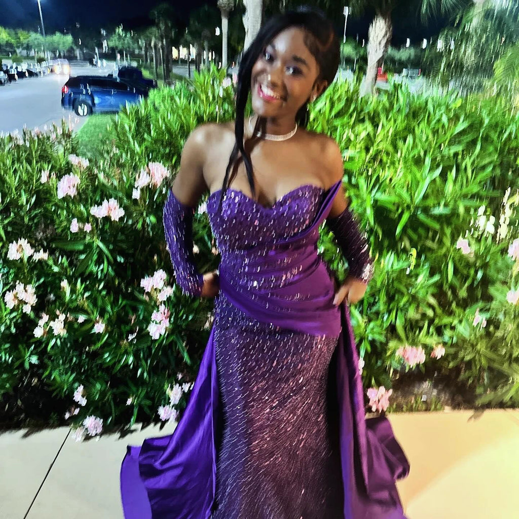 Charming Column Satin Sweetheart Sleeveless Purple Prom Dress With Sequined Train by misshow.com