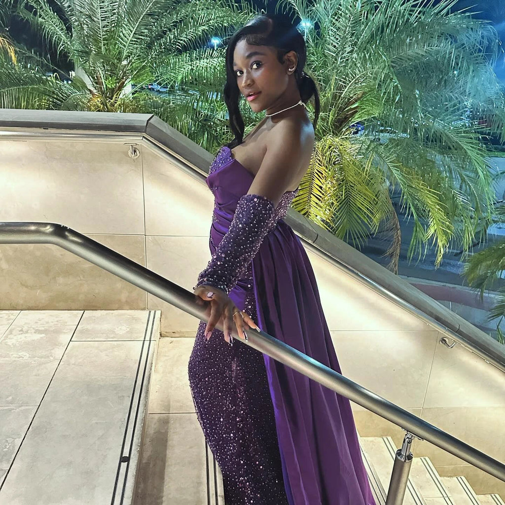 Charming Column Satin Sweetheart Sleeveless Purple Prom Dress With Sequined Train by misshow.com