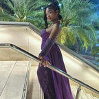 Charming Column Satin Sweetheart Sleeveless Purple Prom Dress With Sequined Train by misshow.com