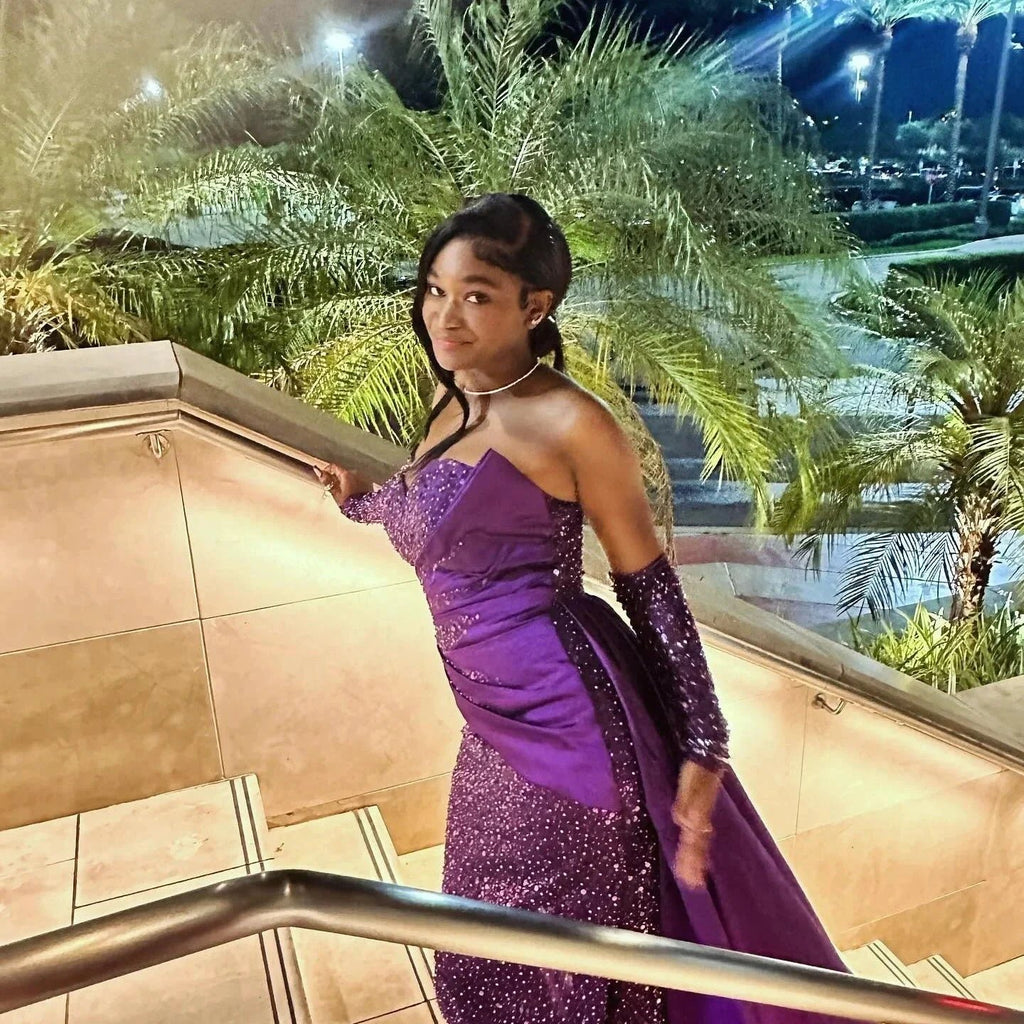 Charming Column Satin Sweetheart Sleeveless Purple Prom Dress With Sequined Train by misshow.com