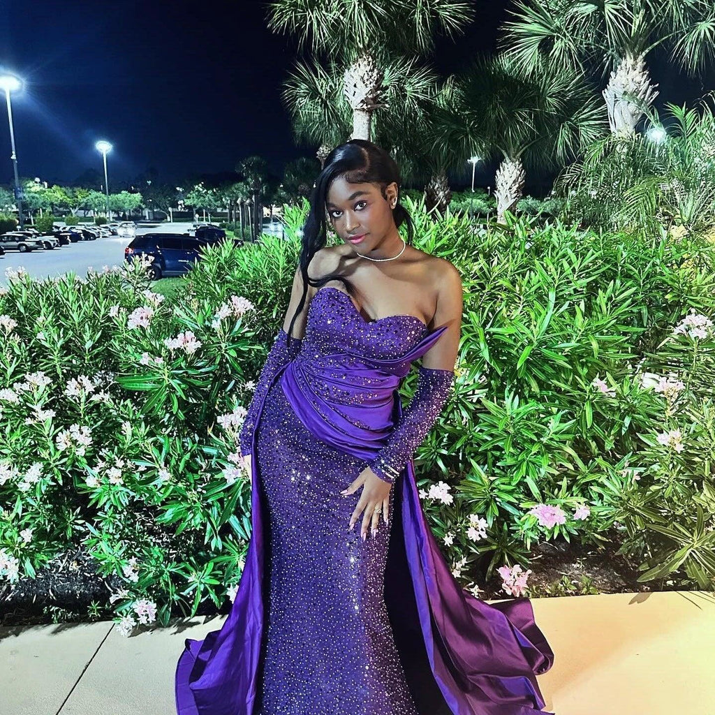 Charming Column Satin Sweetheart Sleeveless Purple Prom Dress With Sequined Train by misshow.com