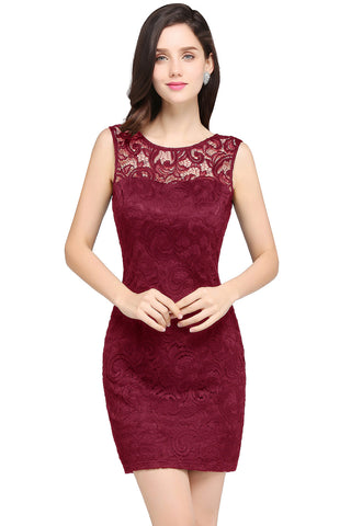Encantadores vestidos de dama de honor cortos de encaje sin mangas con escote en forma de columna