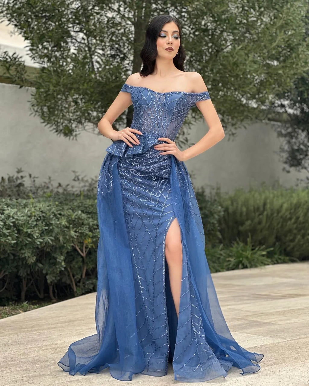 Charming Column Tulle Lace Off-The-Shoulder Sleeveless Blue Prom Dress With Split Front by misshow.com