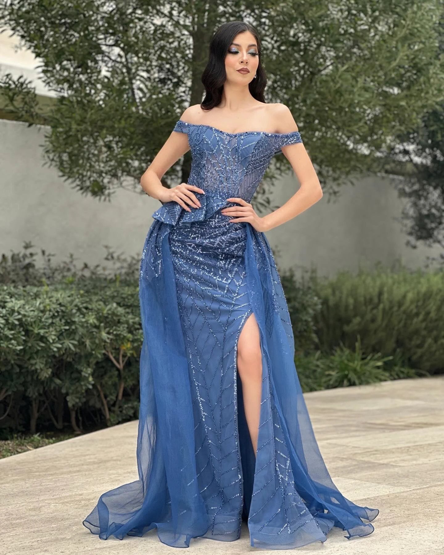 Charming Column Tulle Lace Off-The-Shoulder Sleeveless Blue Prom Dress With Split Front by misshow.com