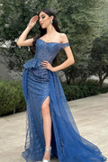 Charming Column Tulle Lace Off-The-Shoulder Sleeveless Blue Prom Dress With Split Front by misshow.com