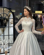Charming Floor Length Crew Long Sleeves A-Line Satin Wedding Dress with Ruffles by misshow.com